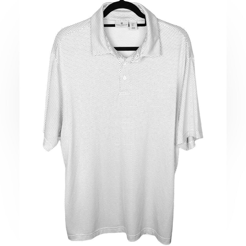 Rorie Wheelan Golf Men’s Sz Lrg White Blue Polka Dot Athletic Sports Polo Shirt
